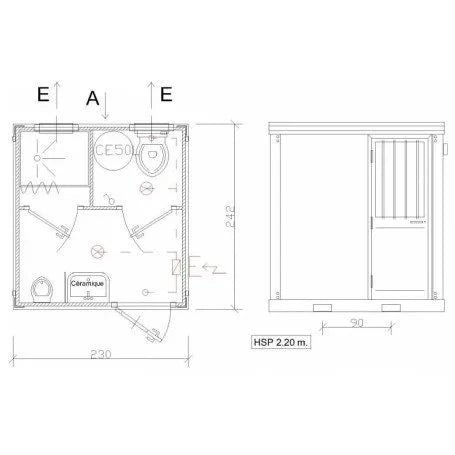 Unité sanitaire SDU avec toilettes, douche, lavabo et urinoir – Image 11